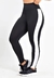 Calça legging preta com listra branca na lateral, ideal para atividades físicas.