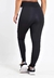Calça legging preta com listra branca na lateral, vista traseira.