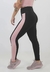 Calça legging fitness preta com detalhe em rosa na lateral, modelo ajustado, ideal para atividades físicas.