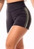 Short fitness preto com detalhes em verde militar e branco, com cintura alta, ideal para atividades físicas.