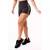Short fitness preto com detalhes em branco e verde militar, visto de costas, destacando a cintura alta e o design moderno.