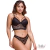 Modelo usando o conjunto strappy com bojo em renda preta, mostrando a frente e as costas da peça.