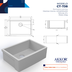 Cuba Cozinha Farm Sink 59x39,5cm Estilo Fazenda Preta Akkor - Akkor Solid Surface