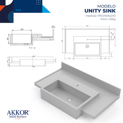 Bancada Pia Tampo Completo Banheiro Unity Sink Akkor 97x50cm - Akkor Solid Surface