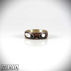 Anillo de banda unisex en mokume gane de plata 925, shakudo y cobre