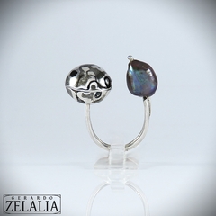 Anillo en plata 925, mokume gane y perla negra natural
