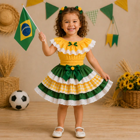 Vestido Infantil Junino Coração Canarinho (Código 01036)