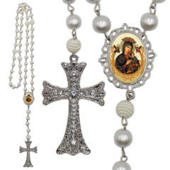 Terço Noiva Prata Nossa Senhora do Perpetuo Socorro Casamento Relicario em Perolas 12mm Homenagem