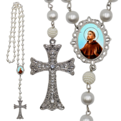 Terço Noiva Prata São Francisco Casamento Relicario em Perolas 12mm Homenagem