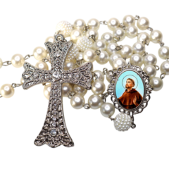 Terço Noiva Prata São Francisco Casamento Relicario em Perolas 12mm Homenagem - comprar online