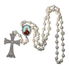 Terço Noiva Prata São Francisco Casamento Relicario em Perolas 12mm Homenagem - Lembrancinhas Religiosas