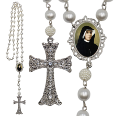 Terço Noiva Prata Santa Faustina Casamento Relicario em Perolas 12mm Homenagem