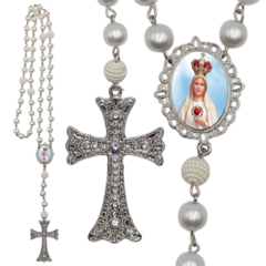 Terço Noiva Prata Nossa Senhora de Fatima Casamento Relicario em Perolas 12mm Homenagem