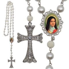 Terço Noiva Prata Santa Teresinha Casamento Relicario em Perolas 12mm Homenagem
