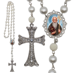 Terço Noiva Prata São Bento Casamento Relicario em Perolas 12mm Homenagem
