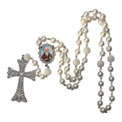 Terço Noiva Prata São Bento Casamento Relicario em Perolas 12mm Homenagem - Lembrancinhas Religiosas