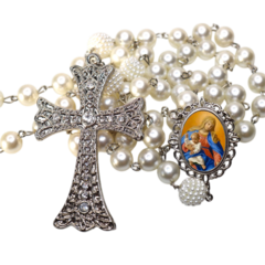 Terço Noiva Prata Nossa Senhora Rosario Casamento Relicario em Perolas 12mm Homenagem - comprar online