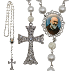 Terço Noiva Prata Padre Pio Casamento Relicario em Perolas 12mm Homenagem