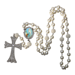 Terço Noiva Prata Nossa Senhora de Lourdes Casamento Relicario em Perolas 12mm Homenagem - Lembrancinhas Religiosas
