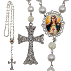 Terço Noiva Prata Coração de Maria Casamento Relicario em Perolas 12mm Homenagem