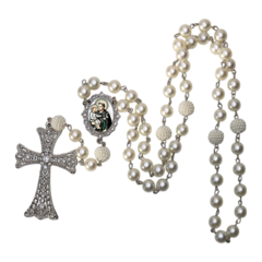 Terço Noiva Prata Santo Antonio Casamento Relicario em Perolas 12mm Homenagem - Lembrancinhas Religiosas