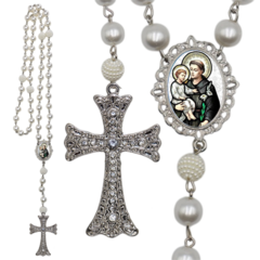 Terço Noiva Prata Santo Antonio Casamento Relicario em Perolas 12mm Homenagem