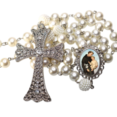 Terço Noiva Prata Santo Antonio Casamento Relicario em Perolas 12mm Homenagem - comprar online