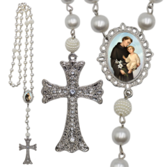 Terço Noiva Prata Santo Antonio Casamento Relicario em Perolas 12mm Homenagem