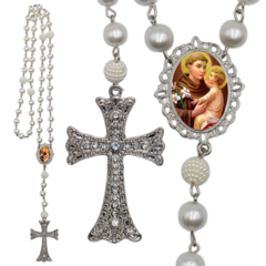Terço Noiva Prata Santo Antonio Casamento Relicario em Perolas 12mm Homenagem