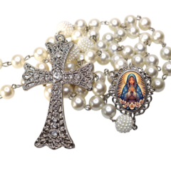 Terço Noiva Prata Nossa Senhorada Aparecida Casamento Relicario em Perolas 12mm Homenagem - comprar online