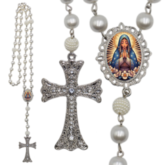 Terço Noiva Prata Nossa Senhorada Aparecida Casamento Relicario em Perolas 12mm Homenagem