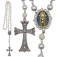 Terço Noiva Prata Nossa Senhorada Aparecida Casamento Relicario em Perolas 12mm Homenagem