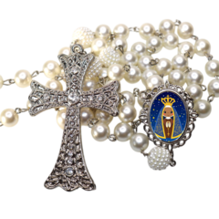 Terço Noiva Prata Nossa Senhorada Aparecida Casamento Relicario em Perolas 12mm Homenagem - comprar online