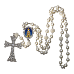 Terço Noiva Prata Nossa Senhorada Aparecida Casamento Relicario em Perolas 12mm Homenagem - Lembrancinhas Religiosas