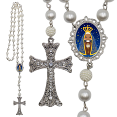 Terço Noiva Prata Nossa Senhorada Aparecida Casamento Relicario em Perolas 12mm Homenagem