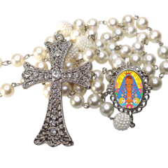 Terço Noiva Prata Nossa Senhorada Aparecida Casamento Relicario em Perolas 12mm Homenagem - comprar online