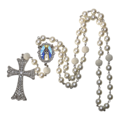 Terço Noiva Prata Nossa Senhorada Aparecida Casamento Relicario em Perolas 12mm Homenagem - Lembrancinhas Religiosas
