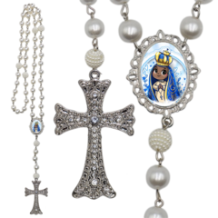 Terço Noiva Prata Nossa Senhorada Aparecida Casamento Relicario em Perolas 12mm Homenagem