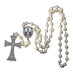 Terço Noiva Prata Nossa Senhorada Aparecida Casamento Relicario em Perolas 12mm Homenagem - Lembrancinhas Religiosas