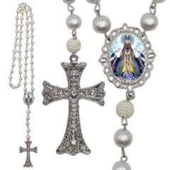 Terço Noiva Prata Nossa Senhorada Aparecida Casamento Relicario em Perolas 12mm Homenagem