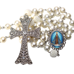 Terço Noiva Prata Nossa Senhorada Aparecida Casamento Relicario em Perolas 12mm Homenagem - comprar online
