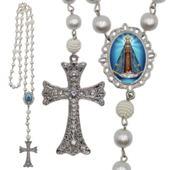Terço Noiva Prata Nossa Senhorada Aparecida Casamento Relicario em Perolas 12mm Homenagem