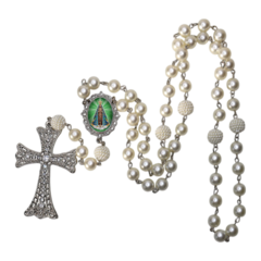 Terço Noiva Prata Nossa Senhorada Aparecida Casamento Relicario em Perolas 12mm Homenagem - Lembrancinhas Religiosas