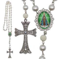 Terço Noiva Prata Nossa Senhorada Aparecida Casamento Relicario em Perolas 12mm Homenagem