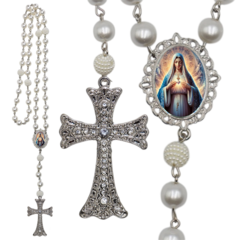 Terço Noiva Prata Nossa Senhorada Aparecida Casamento Relicario em Perolas 12mm Homenagem
