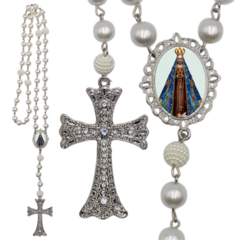 Terço Noiva Prata Nossa Senhorada Aparecida Casamento Relicario em Perolas 12mm Homenagem