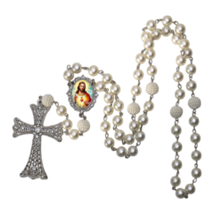 Terço Noiva Prata Coração Sagrado de Jesus Mod Casamento Relicario em Perolas 12mm Homenagem - Lembrancinhas Religiosas
