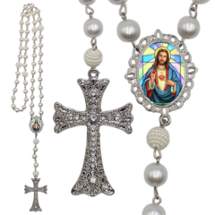 Terço Noiva Prata Coração Sagrado de Jesus Mod Casamento Relicario em Perolas 12mm Homenagem