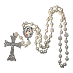 Terço Noiva Prata Coração Sagrado de Jesus Mod Casamento Relicario em Perolas 12mm Homenagem - Lembrancinhas Religiosas