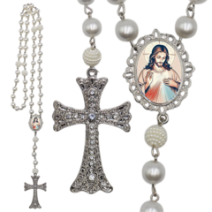 Terço Noiva Prata Coração Sagrado de Jesus Mod Casamento Relicario em Perolas 12mm Homenagem
